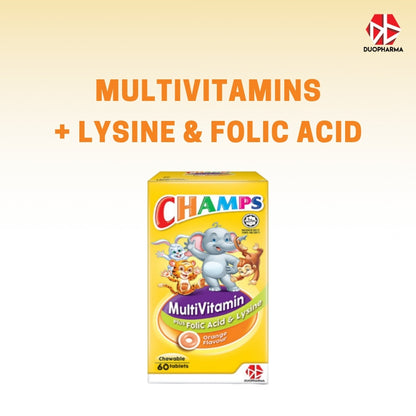 CHAMPS MULTIVITAMIN + LYSINE & FOLIC ACID ORANGE CHEWABLE TABLETS 60’S