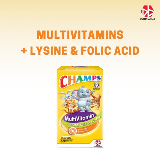 CHAMPS MULTIVITAMIN + LYSINE & FOLIC ACID ORANGE CHEWABLE TABLETS 60’S