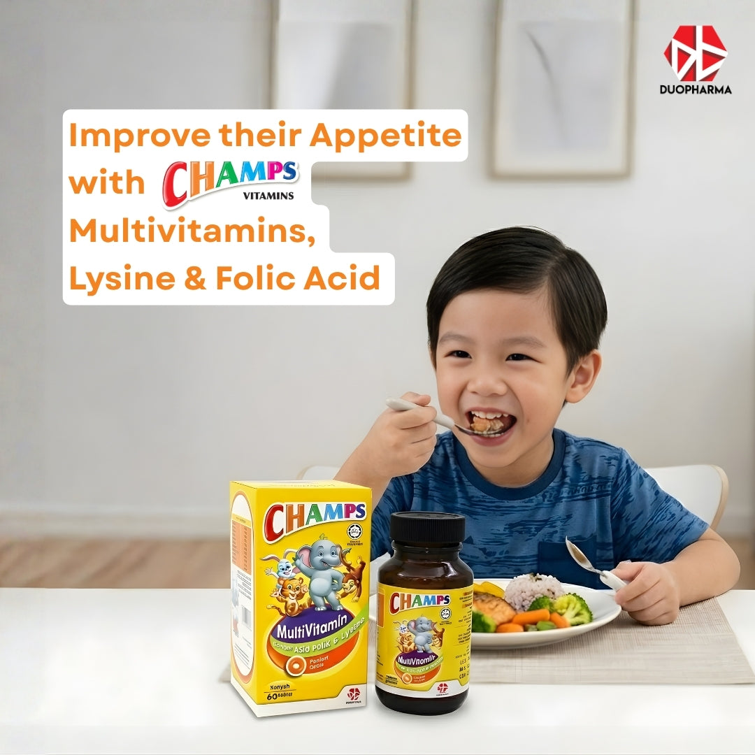 CHAMPS MULTIVITAMIN + LYSINE & FOLIC ACID ORANGE CHEWABLE TABLETS 60’S