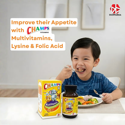 CHAMPS MULTIVITAMIN + LYSINE & FOLIC ACID ORANGE CHEWABLE TABLETS 60’S